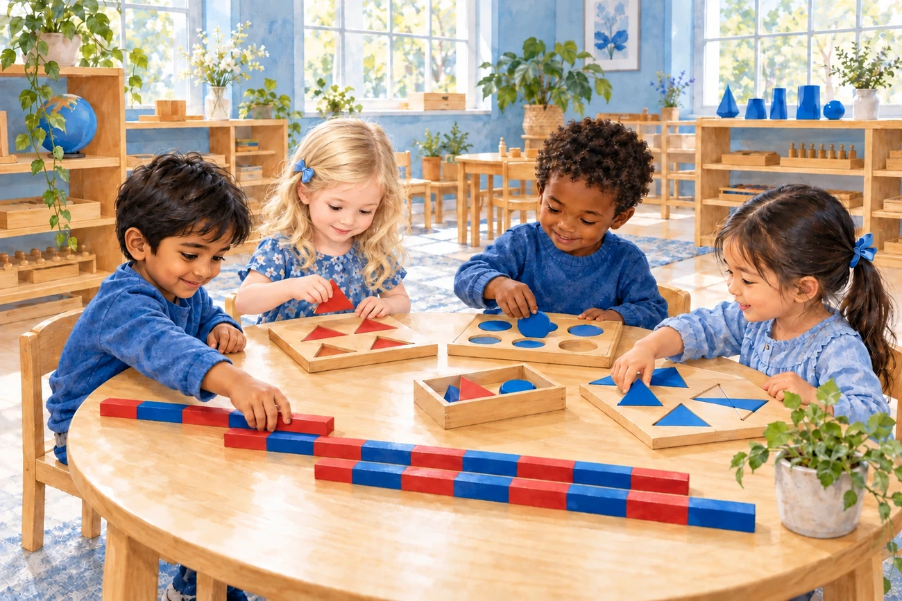 Illustration of Montessori children exploring shape puzzles and number rods together