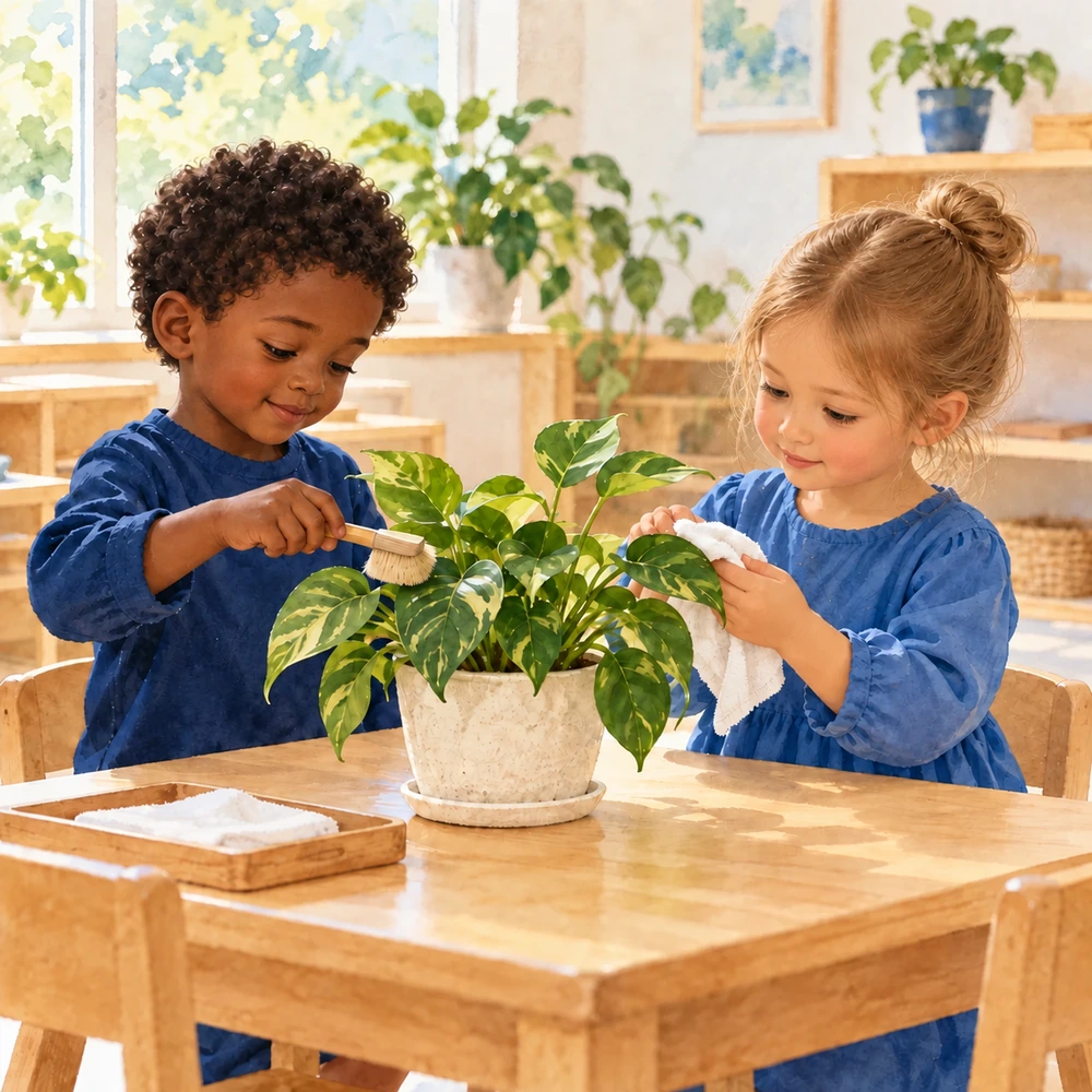 Two children caring for a classroom plant together