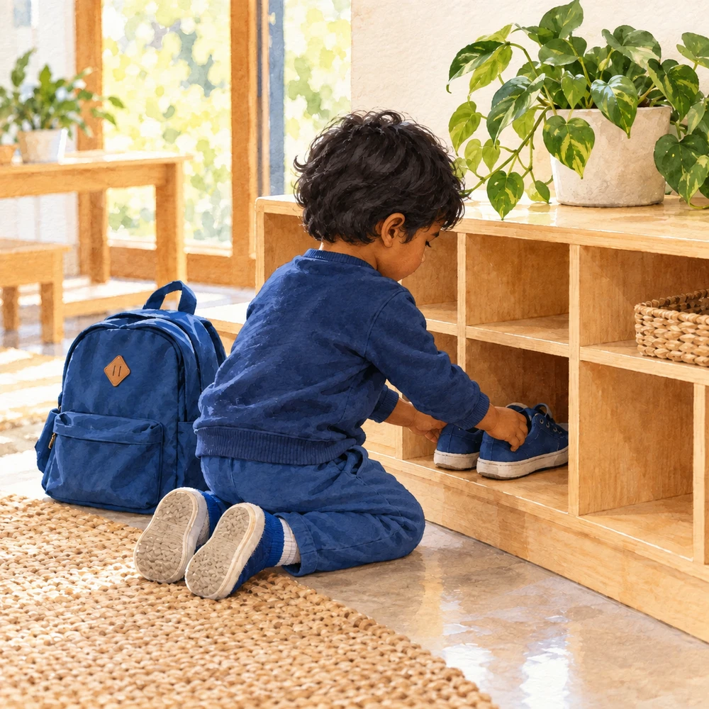 A child independently placing shoes into a classroom cubby