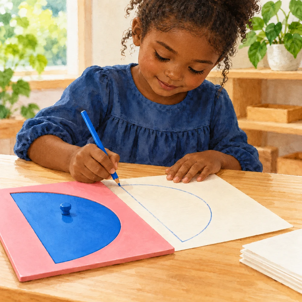 A child tracing a Montessori metal inset with a blue pencil
