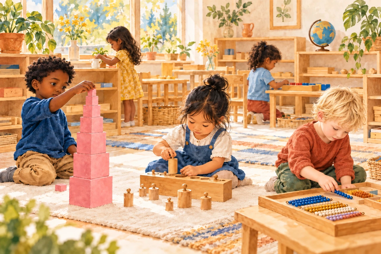 Illustration of children discovering Montessori materials together