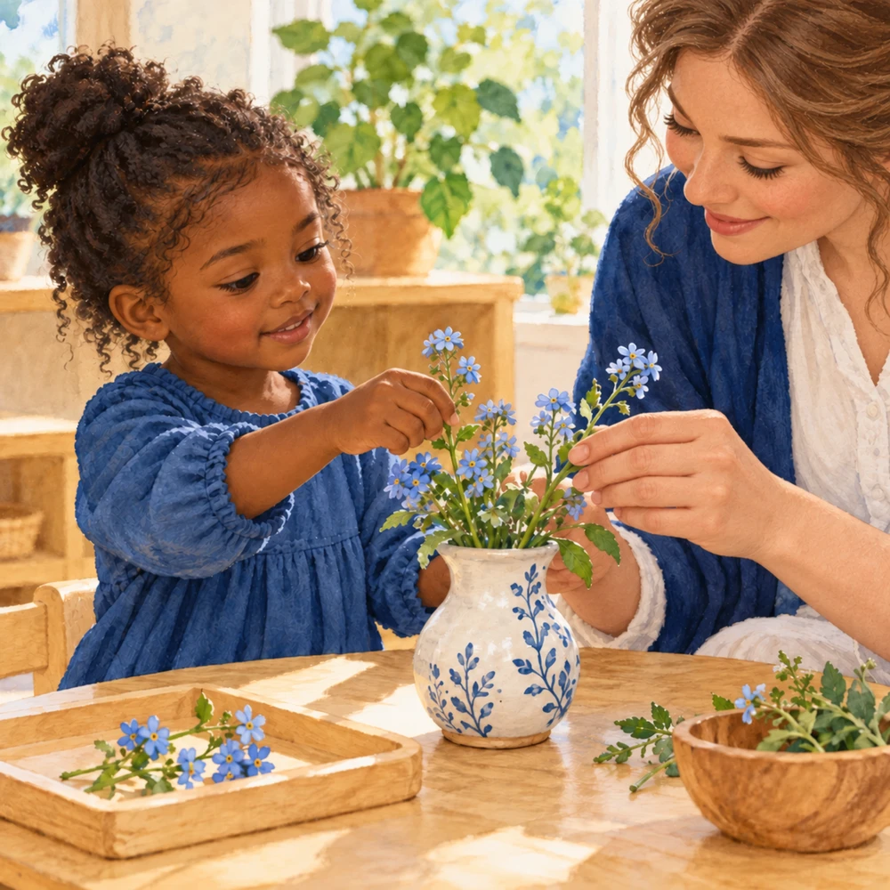A child and adult arranging flowers together in a Montessori activity