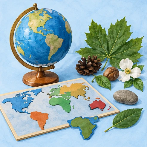 Globe, maps and botanical materials for cultural learning