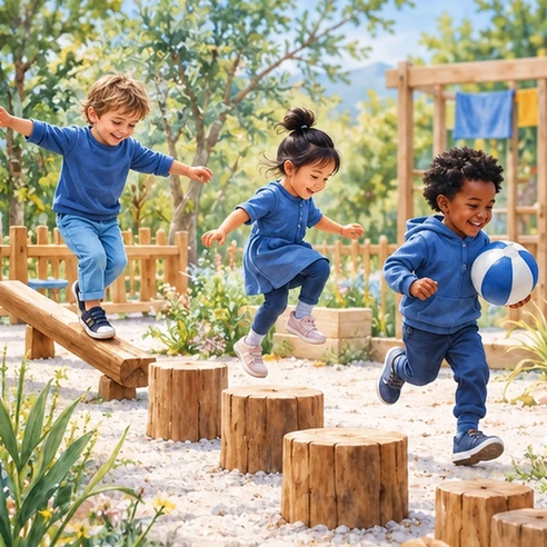 Children balancing and playing with a ball for physical education