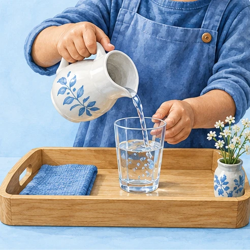Child-sized pitcher and glass for practical life pouring