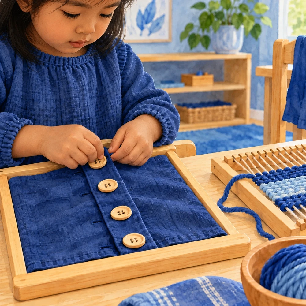A child practising independence with Montessori dressing and weaving frames