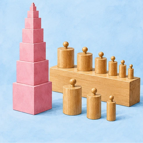 Pink tower and knobbed cylinders for sensorial exploration